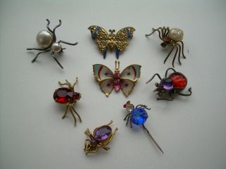 Antique Art Deco Eight Paste Set Insect Brooches Three Silver Set.