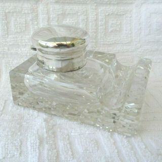 Antique Hm Silver 1903 And Cut Glass Inkwell With Pen Rest 3.  75 By 2.  5
