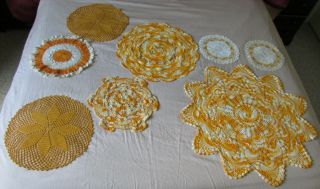 Vintage 8 Handmade Crochet Orange Gold White Crocheted Doilies Tablecloth