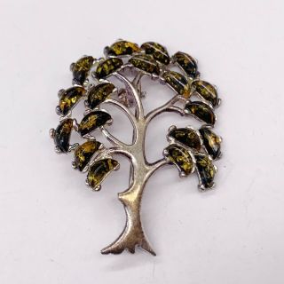 Vintage Solid Sterling Silver Amber Set Tree Of Life Ladies Pin Brooch