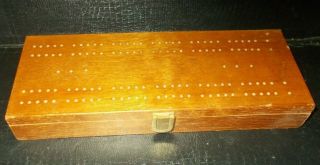 Vintage Solid Wood With Brass Clasp Crib Cribbage Board And Dominos Storage
