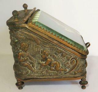 Antique French Ormolu Brass Glass Jewelry Box W/ Pan Devil & Cherubs 19th C.