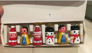 Vintage Petite Noel Boxed Set Of 6 Hand Painted Wood Christmas Ornaments 1980