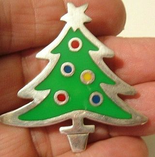 Vintage Brooch Signed A&j Harvey Sterling Silver Christmas Green Enamel Tree Pin