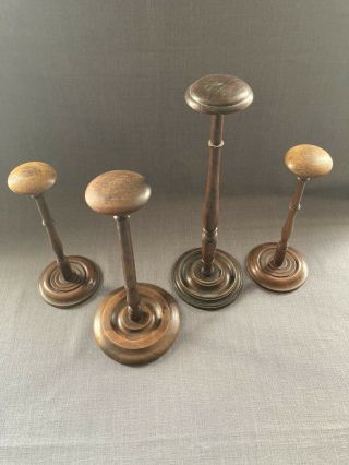 4x Antique Turned Wood Hat Stands Hat / Cap / Wig / Millinery Display Stand