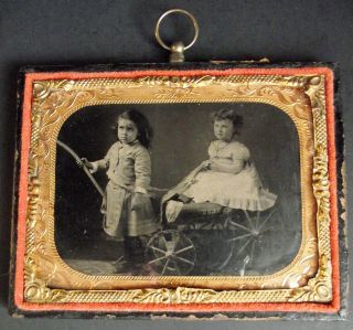 Antique 1/4 Plate Tintype Cute Young Girls Express Pull Toy Child Wagon Photo
