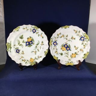 2 Antique Cantagalli Italian Faience 9 - 1/2” Floral Plates Rooster Mark 1891 - 1921
