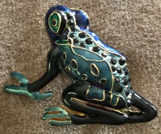 Vintage Gold Tone Green Black Blue Enamel Toad Bull Frog Pin Brooch Broach