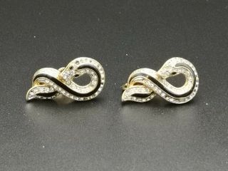Vintage 1980s Unsigned Attwood & Sawyer Enamel Rhinestone Snake Clip Earrings