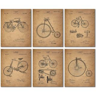 Set Of 6 - Bicycle Patent Prints Poster - Unframed - Vintage Bike Decor Wall Art