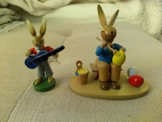 Two Erzgebirge Vintage Hand - Painted Wooden Easter Bunnies Rabbits,  Germany