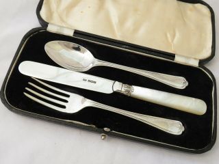 Solid Silver & Mother Of Pearl Christening Set / Childs 