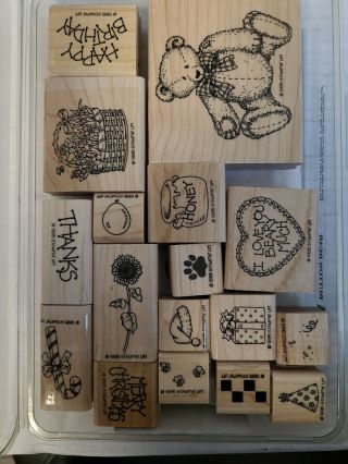 Stampin Up Button Bear Set Of 17 Wood Rubber Stamps Retired Vintage 1995