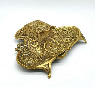 Art Nouveau Ornate Brass Inkwell And Pen Holder - Stunning Piece - Vgc