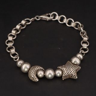 Vtg Sterling Silver Crescent Moon Star Ball Bead Chain Link 7.  5 " Bracelet - 13g
