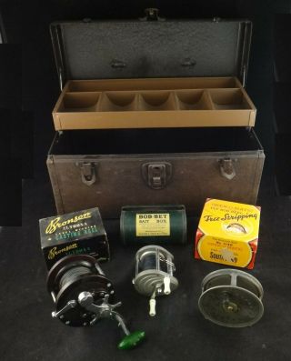 Vintage 15” Tackle Box With 5 Vintage Reels & Bob - Bet Bait Box.