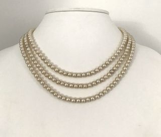 Quality Vintage Retro Triple Strand Strung Faux - Pearl Necklace Diamanté Clasp