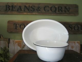 Vintage Porcelain Enamel Set White Colored Baby Bath Wash Tub Oval & Basin Bowl