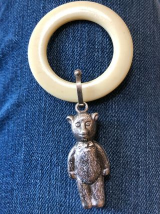 Antique W.  H.  Collins Co.  Sterling Silver Teddy Bear Baby Rattle/teether - 1934