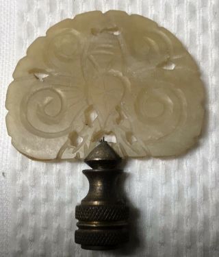 Antique Chinese Carved Celadon Jade Brass Finial Top Lamp Finial