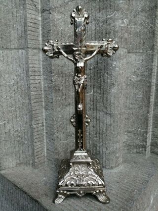 Antique Metal Ornate Art Nouveau Cross Crucifix Corpus Chapel Altar Standing