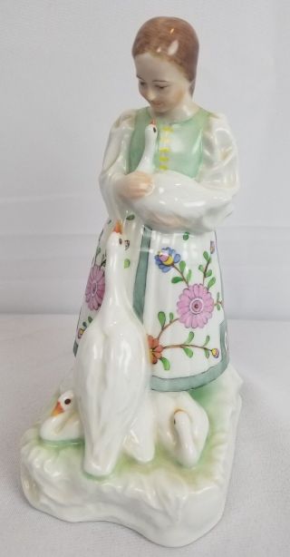 Herend Hand Painted Lady And Geese Swans Figurine