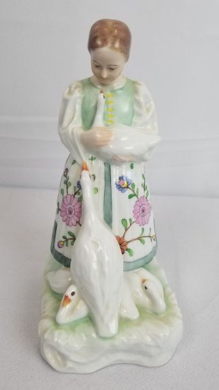 Herend Hand Painted Lady And Geese Swans Figurine 2