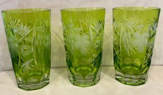 Vintage Nachtmann Traube Cut To Clear Lime Green Crystal Set 3 Highball 5” Tall