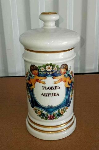 Antique French Porcelain Apothecary Jar,  " Flores Althea ",  8 " H.