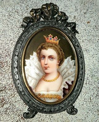 Antique Miniature Portrait Painting Of A Woman In Ornate Frame