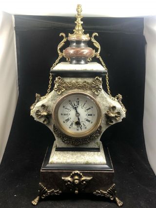 Antique European Style Marble Clock W.  Lion & Floral - Leaf Designs 16 " Tall