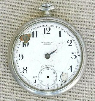 Antique Chronometre Chronometer Asheir 15 Jewels Swiss Pocket Watch Pure Nickel