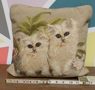 Needlepoint Cat Pet Kitten Accent Pillow Cover White Persian Square Vintage