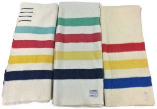 3 Vtg Hudson Bay Point Golden Dawn Wool Multi Stripe Camp Blankets Fabric As - Is