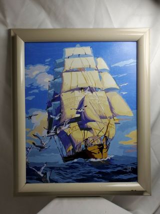 Vintage Large Paint By Number Pbn Sailing Clipper Ship Framed Nautical 19x23