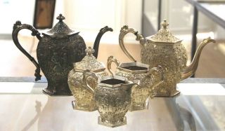 Antique Barbour Silver Co.  Silver Plated Dutch Repousse Tea / Coffee Set
