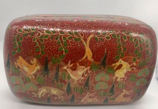 Laquered Hand Painted Paper Mache’ Jewelry Trinket Box Red With Rabbits Vintage
