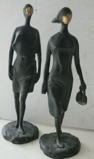 Vintage Solid Cast Bronze Standing Female Figurines With Gold Tone Face