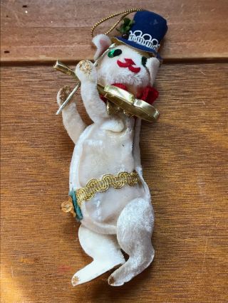 Vintage Cream Flocked Marching Bear With Violin Instrument Christmas Tree Orname