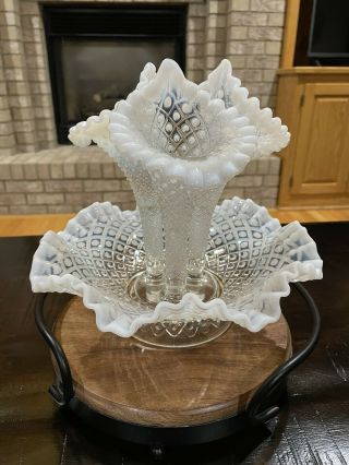 Fenton Epergne French Opalescent Diamond Lace 3 Horn Vintage Antique