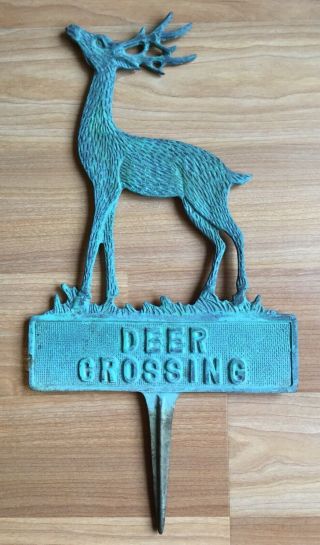 Old Vtg Antique Solid Cast Brass Deer Crossing Garden Camp Double Sided Sign