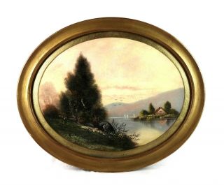 Antique 19th Century Victorian Pastel Painting Landscape Round Oval Gold Frame