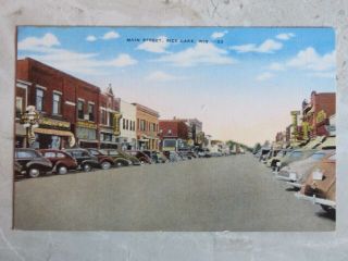 Vintage 1940s Linen Postcard: Main Street,  Rice Lake,  Wisconsin Wi Street Scene