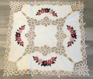 Vintage Small Tablecloth,  Beige,  Cut Work Floral Design,  Poinsettia Embroidery
