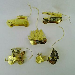5 Laser Cut Brass 3d Christmas Ornaments Ship Autos Rickshaw Firetruck Vintage