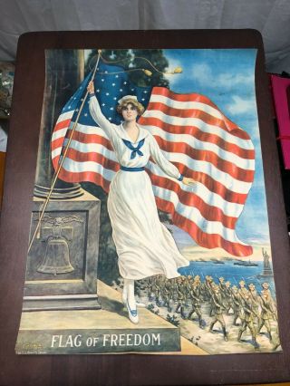 Antique 1918 E.  G Renesch Flag Of Freedom Nurses Lithograph