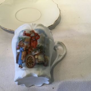 Pair Antique German Porcelain Childs Cups & Saucers Santa Claus In Old Car 3