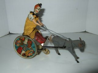 Antique Lehmann Wind - Up Toy Clown On Donkey Cart Made In Germany