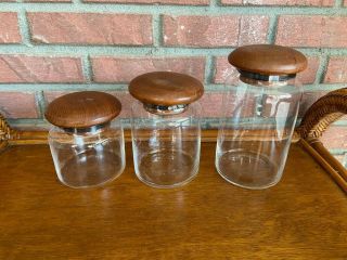 Vintage Set Of 3 Dolphin Teak Wood Mid - Century Modern Jars Canisters