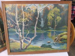 2 - Vintage 60 ' s Complete Paint By Number Framed Art Woods Trees Lake 17 